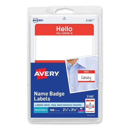 AVERY Printable Self-Adhesive Name Badges, 2 1/3 x 3 3/8, Red "Hello", PK100 13968/5140